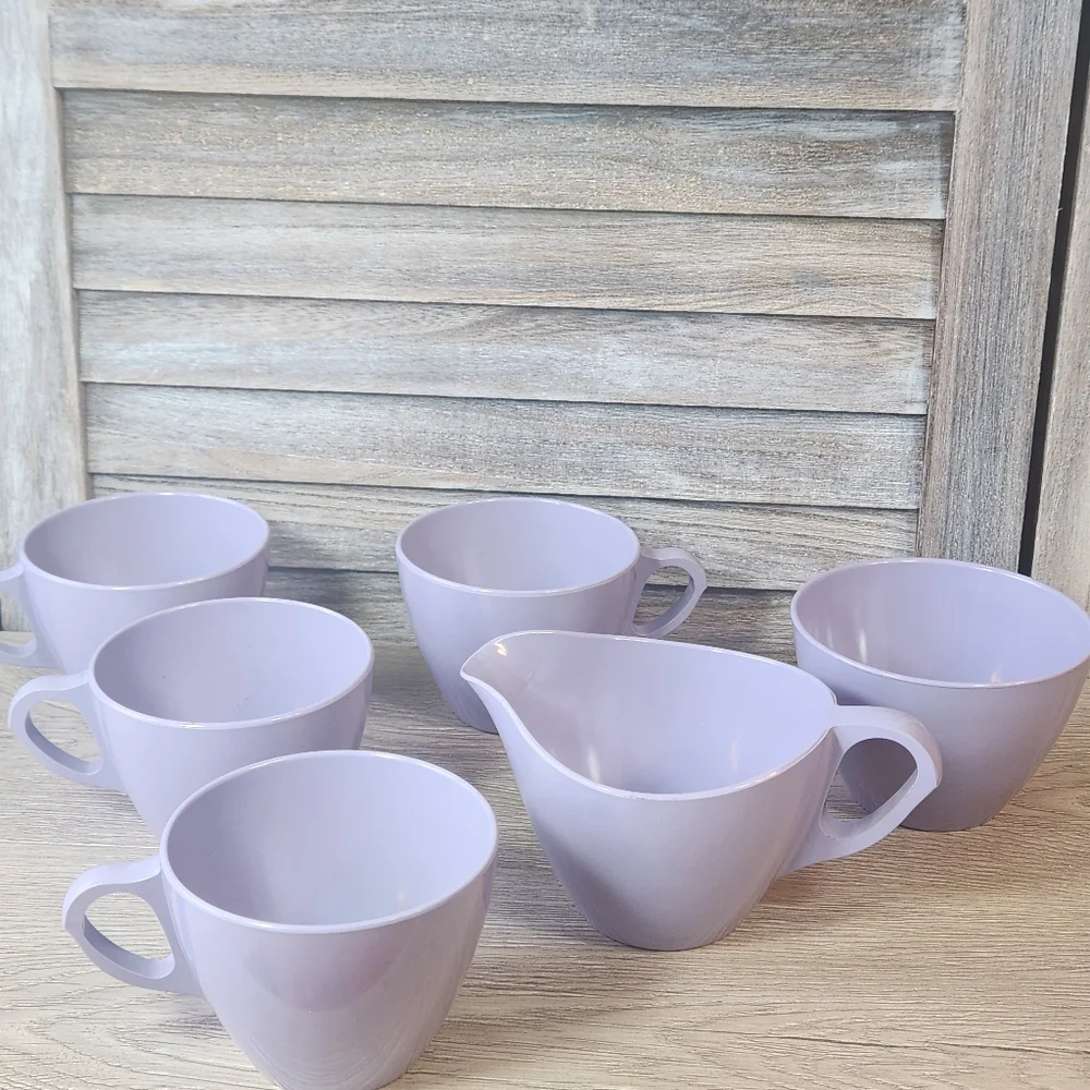 Royalon Melmac Lilac Purple 6 Pc Set Coffee Tea Cups Creamer Sugar Bowl